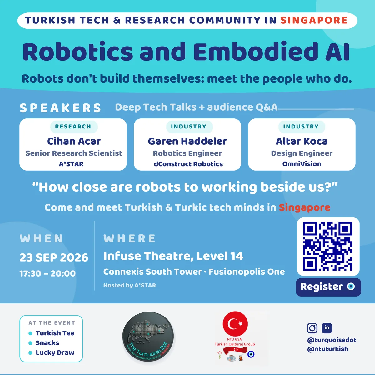 Event poster: Robotics and Embodied AI, 23 September 2026, Infuse Theatre, with speakers Cihan Acar, Garen Haddeler and Altar Koca